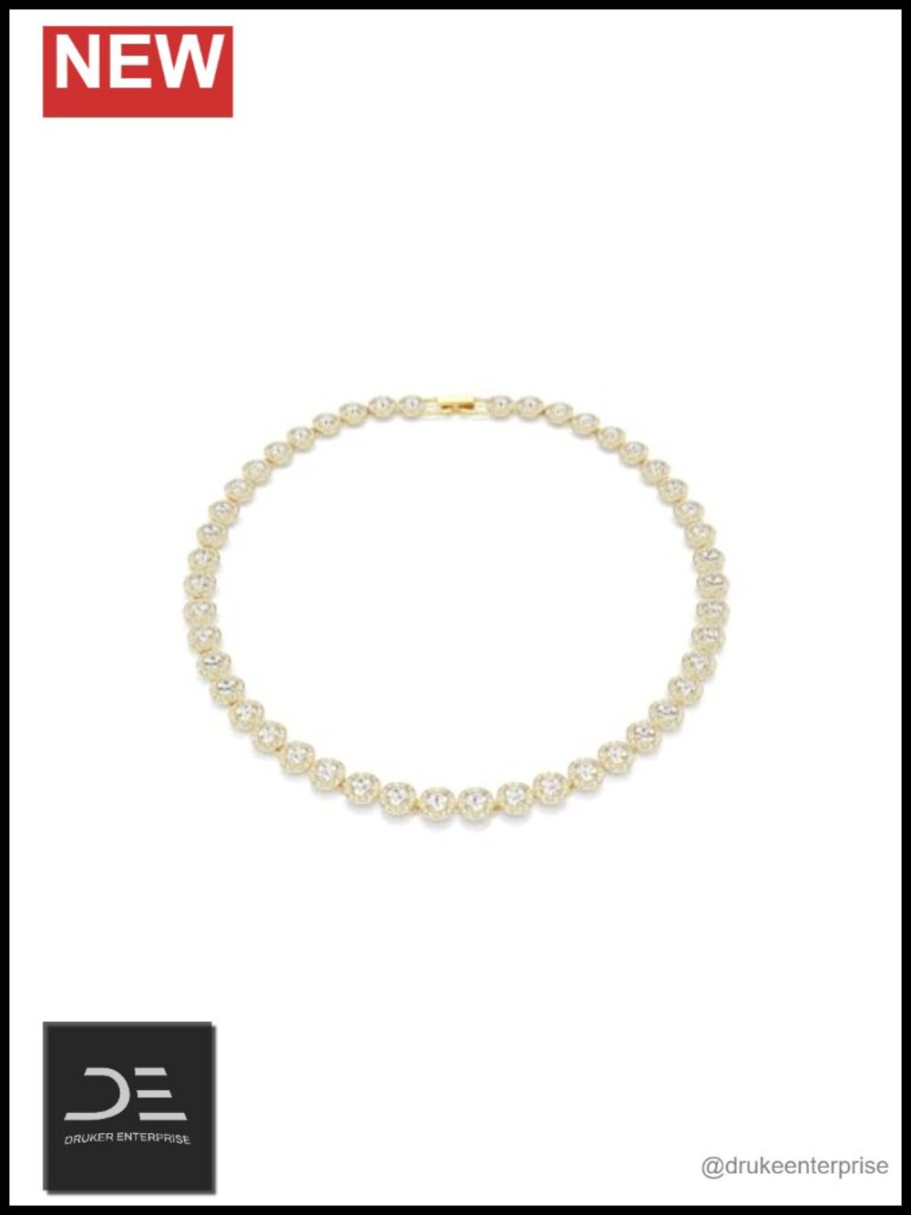 Swarovski Crystal Tennis Necklace Gold Tone Finish 15.38 Inch Foldover Clasp
